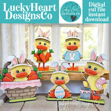 Load image into Gallery viewer, Duck Easter Bunny Standing File SVG, Umbrella, Swimming, Egg, Basket, Carrots, Tiered Tray Glowforge, LuckyHeartDesignsCo