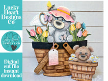 Load image into Gallery viewer, Bear Spring Flower Basket Interchangeable File SVG, Floral, Woodland, Tulip, Floral, Daisy, Tiered Tray, Glowforge, LuckyHeartDesignsCo