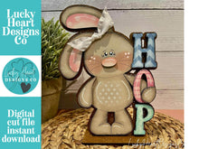 Load image into Gallery viewer, Floppy Easter Bunny HOP Standing File SVG, Glowforge, Tiered Tray, Egg, Basket, Egg Hunt, LuckyHeartDesignsCo