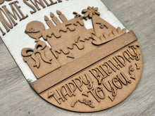 Load image into Gallery viewer, Birthday Holiday Door Sign Interchangeable File, SVG Cake, Balloon, Candles, Present, Celebrate, Seasonal, Home, Welcome, glowforge