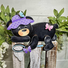 Load image into Gallery viewer, Spring Bear Shelf Hanging Sign File SVG, Butterfly, Net, Floral, Flower, Basket, Mantle decor, Woodland, glowforge LuckyHeartDesignsCo