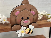 Load image into Gallery viewer, Bear Bee Hanging Shelf Sitter File SVG, Ledge, Teddy, Bumble, Daisy, Flower, Spring Farm, Hanger, Tiered Tray Glowforge LuckyHeartDesignsCo