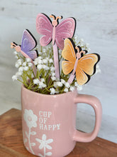 Load image into Gallery viewer, Butterfly Mug Stick File SVG, Glowforge Tiered Tray, Tray Decor, Plant Topper, Gift, LuckyHeartDesignsCo