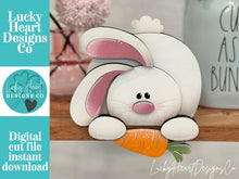 Load image into Gallery viewer, Floppy Bunny Butt Shelf Hanger Standing Sign File SVG, HANGING, Rabbit, Carrot, Basket, Mantle decor, glowforge LuckyHeartDesignsCo