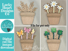 Load image into Gallery viewer, Flower Pot Mug Stick File SVG, Glowforge Tiered Tray Decor, Spring, Summer Plant Stake, Christmas, Flower, Gift, LuckyHeartDesignsCo