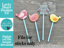 Load image into Gallery viewer, Bird Mug Stick File SVG, Glowforge Tiered Tray, Tray Decor, Cardinal, Floral, Plant Topper, Spring, Stake, Gift, LuckyHeartDesignsCo