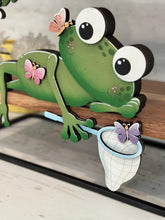 Load image into Gallery viewer, Frog Spring Shelf Hanging Sign File SVG, Daisy, Butterfly, Floral, Flower, Basket, Mantle decor, Woodland, glowforge LuckyHeartDesignsCo