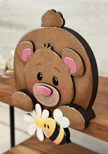 Load image into Gallery viewer, Bear Bee Hanging Shelf Sitter File SVG, Ledge, Teddy, Bumble, Daisy, Flower, Spring Farm, Hanger, Tiered Tray Glowforge LuckyHeartDesignsCo