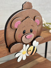 Load image into Gallery viewer, Bear Bee Hanging Shelf Sitter File SVG, Ledge, Teddy, Bumble, Daisy, Flower, Spring Farm, Hanger, Tiered Tray Glowforge LuckyHeartDesignsCo