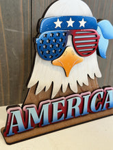 Load image into Gallery viewer, Bald Eagle America Shelf Sitter Sign File SVG, Fourth of July, Fireworks Biker Flag USA Americana Tiered Tray Glowforge, LuckyHeartDesignsCo