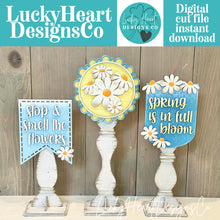 Load image into Gallery viewer, Daisy Spring Pedestal Spindle Slide On Seasonal Set Interchangeable File SVG, Flower, Floral Home Sign, Decor Glowforge, LuckyHeartDesignsCo