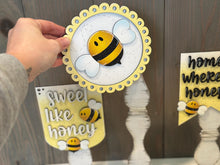 Load image into Gallery viewer, Bee Pedestal Spindle Slide On Seasonal Set Interchangeable File SVG, Summer, Spring Bumble Home Sign, Decor Glowforge, LuckyHeartDesignsCo