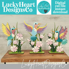Load image into Gallery viewer, Hummingbird Standing Sign File SVG, Glowforge Flower, Daisy, Dragonflies, Butterfly Spring, Summer, Daisies, Tiered Tray LuckyHeartDesignsCo