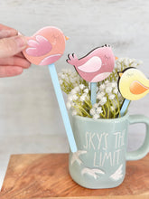 Load image into Gallery viewer, Bird Mug Stick File SVG, Glowforge Tiered Tray, Tray Decor, Cardinal, Floral, Plant Topper, Spring, Stake, Gift, LuckyHeartDesignsCo
