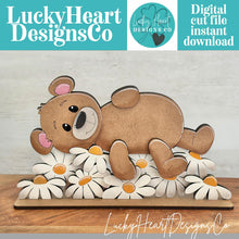 Load image into Gallery viewer, Bear Daisy Laying Standing Sign File SVG, Glowforge, Butterfly, Woodland Flower Bird, Floral, Spring, Summer Tiered Tray LuckyHeartDesignsCo