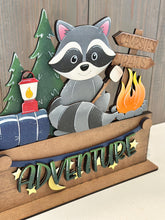 Load image into Gallery viewer, Camping Raccoon Holiday Door Sign Interchangeable File, SVG, Woodland, Woods, Campfire, S'mores Marshmallow Seasonal Home Welcome, glowforge