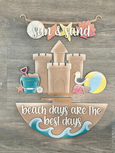 Load image into Gallery viewer, Beach Summer Holiday Door Sign Interchangeable File, SVG, Sand Castle Seagull Ocean Vacation Fourth of July Seasonal Home Welcome, glowforge