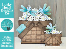 Load image into Gallery viewer, Dragonfly Flower Basket Interchangeable File SVG, Floral, Dragonflies, Butterfly Floral, Daisy, Tiered Tray, Glowforge, LuckyHeartDesignsCO