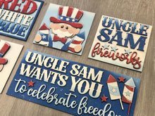 Load image into Gallery viewer, Uncle Sam Interchangeable Leaning Sign File SVG, Fourth of July, America USA, Fireworks, Glowforge Tiered Tray, Ladder, LuckyHeartDesignsCo