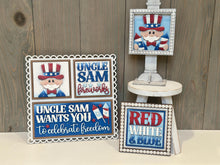 Load image into Gallery viewer, Uncle Sam Interchangeable Leaning Sign File SVG, Fourth of July, America USA, Fireworks, Glowforge Tiered Tray, Ladder, LuckyHeartDesignsCo