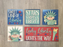 Load image into Gallery viewer, Statue of Liberty Interchangeable Leaning Sign File SVG, Fourth of July, Lady Liberty, America USA Glowforge Tiered Tray LuckyHeartDesignsCo