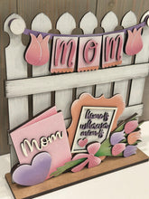 Load image into Gallery viewer, Mom Banner Holiday Door Sign Interchangeable File, SVG, Fence, Flowers, Tulips, Card, Mother's Day, Seasonal, Holiday, Welcome, glowforge