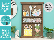 Load image into Gallery viewer, Spring Wall Collage Shelf Holder Interchangeable Sign File, Glowforge, Daisy, Rain boots Umbrella Flowers Frog Standing, LuckyHeartDesignsCo