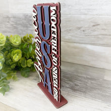 Load image into Gallery viewer, America Birthday Vertical Shelf Sitter Sign File SVG, 250TH, Fireworks, Flag, July Fourth, USA, Tiered Tray Glowforge, LuckyHeartDesignsCo