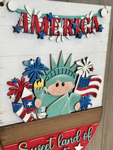 Load image into Gallery viewer, Lady Liberty America Holiday Door Sign Interchangeable File, SVG, Flag, USA Statue Fireworks Fourth of July Seasonal Home Welcome, glowforge