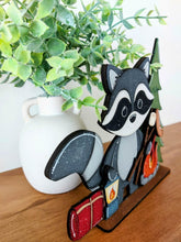 Load image into Gallery viewer, Raccoon Camping Standing Sign File SVG, Glowforge, Summer, S'mores, Campfire, Fishing, Woodland, Tiered Tray LuckyHeartDesignsCo
