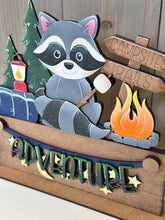 Load image into Gallery viewer, Camping Raccoon Holiday Door Sign Interchangeable File, SVG, Woodland, Woods, Campfire, S'mores Marshmallow Seasonal Home Welcome, glowforge