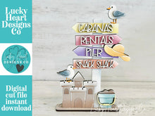 Load image into Gallery viewer, Beach Arrow Shelf Sitter Sign File SVG, Summer, Sun, Seagull, Sand, Sandcastle, Beach, Tiered Tray Glowforge, LuckyHeartDesignsCo
