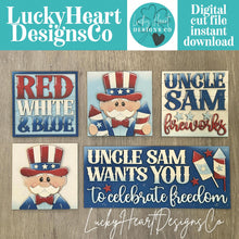 Load image into Gallery viewer, Uncle Sam Interchangeable Leaning Sign File SVG, Fourth of July, America USA, Fireworks, Glowforge Tiered Tray, Ladder, LuckyHeartDesignsCo