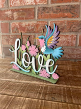 Load image into Gallery viewer, Hummingbird Love Standing Sign File SVG, Glowforge Flower, Bird, Daisies, Spring, Summer, Butterflies, Tiered Tray LuckyHeartDesignsCo