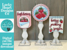 Load image into Gallery viewer, Strawberry Pedestal Spindle Slide On Seasonal Set Interchangeable File SVG, Summer, Fruit Home Sign, Decor Glowforge, LuckyHeartDesignsCo