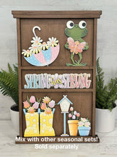 Load image into Gallery viewer, Spring Wall Collage Shelf Holder Interchangeable Sign File, Glowforge, Daisy, Rain boots Umbrella Flowers Frog Standing, LuckyHeartDesignsCo