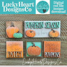 Load image into Gallery viewer, Pumpkin Patch MINI Interchangeable Leaning Sign File SVG, Pumpkins, Fall Farm Tiered Tray Glowforge, LuckyHeartDesignsCo