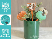 Load image into Gallery viewer, Pumpkin Mug Stick File SVG, Glowforge Tiered Tray, Tray Decor, Farm, Fall, Patch, Pumpkins, Plant Topper, Gift, LuckyHeartDesignsCo