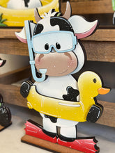 Load image into Gallery viewer, Dairy Cow Summer Standing File SVG, Glowforge, Swim, Pool, Beach, Cow, Farm, Ice cream, Farm, Beach, Tiered Tray LuckyHeartDesignsCo