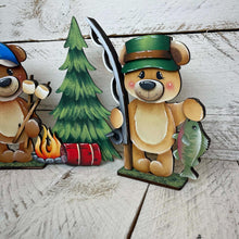 Load image into Gallery viewer, Bear Camping Standing Sign File SVG, Glowforge, Summer, S'mores, Campfire, Fishing, Woodland, Tiered Tray LuckyHeartDesignsCo