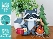 Load image into Gallery viewer, Raccoon Camping Standing Sign File SVG, Glowforge, Summer, S'mores, Campfire, Fishing, Woodland, Tiered Tray LuckyHeartDesignsCo