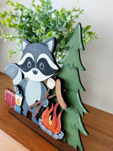 Load image into Gallery viewer, Raccoon Camping Standing Sign File SVG, Glowforge, Summer, S'mores, Campfire, Fishing, Woodland, Tiered Tray LuckyHeartDesignsCo