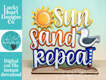 Load image into Gallery viewer, Sun Sand Shelf Sitter Sign File SVG, Summer, Seagull, Sandcastle, Beach, Tiered Tray Glowforge, LuckyHeartDesignsCo