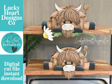 Load image into Gallery viewer, Highland Shelf Hanging Sitter File SVG, Ledge, Cow, Daisy, Flower, Spring Farm, Hanger, Tiered Tray Glowforge LuckyHeartDesignsCo