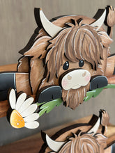 Load image into Gallery viewer, Highland Shelf Hanging Sitter File SVG, Ledge, Cow, Daisy, Flower, Spring Farm, Hanger, Tiered Tray Glowforge LuckyHeartDesignsCo
