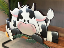 Load image into Gallery viewer, Dairy Cow Shelf Hanging Sitter File SVG, Ledge, Daisy, Flower, Spring Farm, Hanger, Tiered Tray Glowforge LuckyHeartDesignsCo