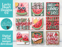 Load image into Gallery viewer, Watermelon Summer Interchangeable Leaning Sign File SVG, Fruit, Spring, Farm, Basket, Popsicle, Strawberry, LuckyHeartDesignsCo
