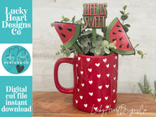 Load image into Gallery viewer, Watermelon Mug Stick File SVG, Glowforge Tiered Tray, Tray Decor, Fruit, Spring, Summer Plant Topper, Gift, LuckyHeartDesignsCo