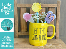 Load image into Gallery viewer, Summer Sun Mug Stick File SVG, Glowforge Tiered Tray, Beach, Plant Topper, Sunshine, Flipflops, Ice Cream Stake, Gift, LuckyHeartDesignsCo