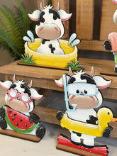 Load image into Gallery viewer, Dairy Cow Summer Standing File SVG, Glowforge, Swim, Pool, Beach, Cow, Farm, Ice cream, Farm, Beach, Tiered Tray LuckyHeartDesignsCo